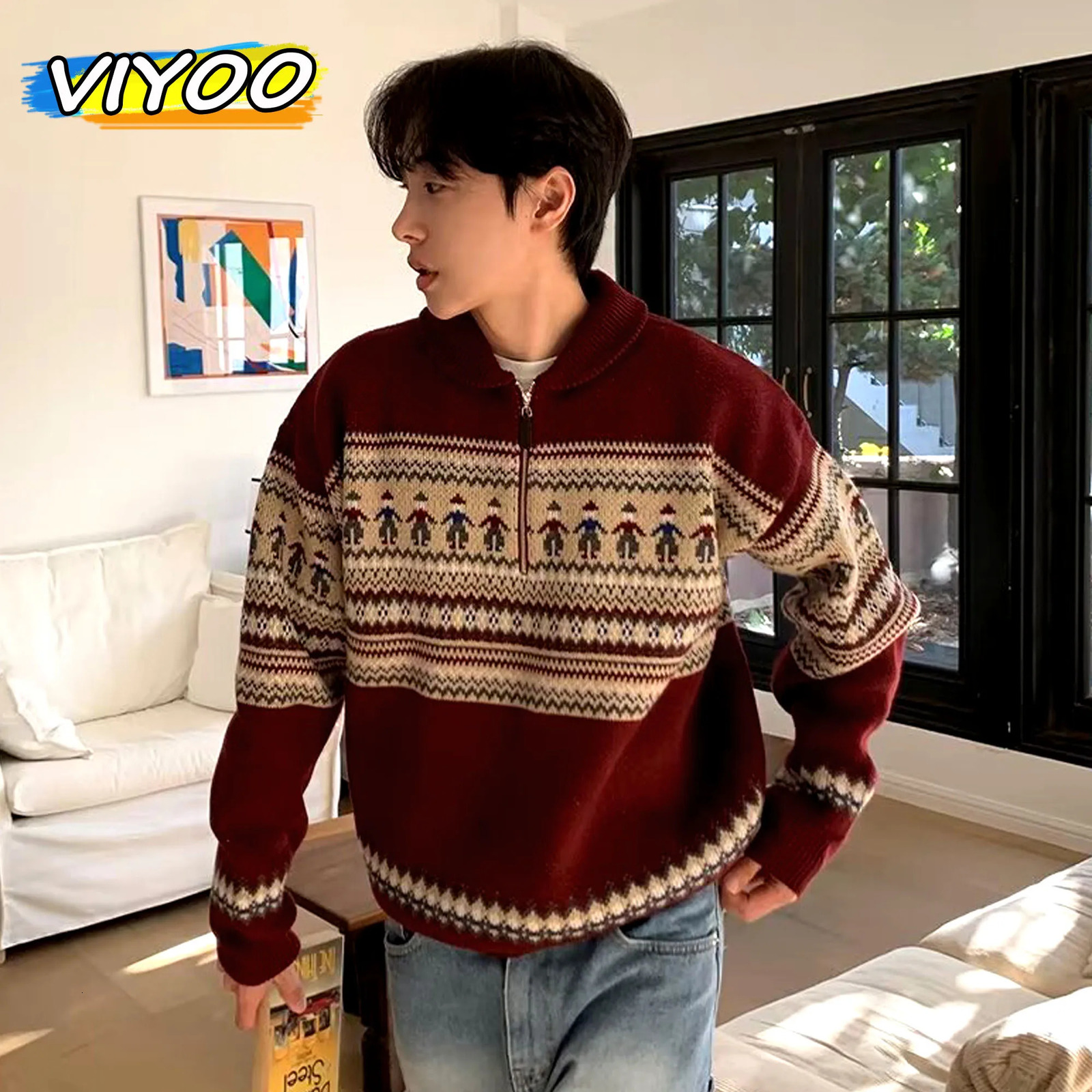 Korean Style Mens Zip up Christmas Y2K Knitwear Pullovers Sweatshirts Striped Knit Turtleneck Sweater For Men Streetwear Jumper 240808