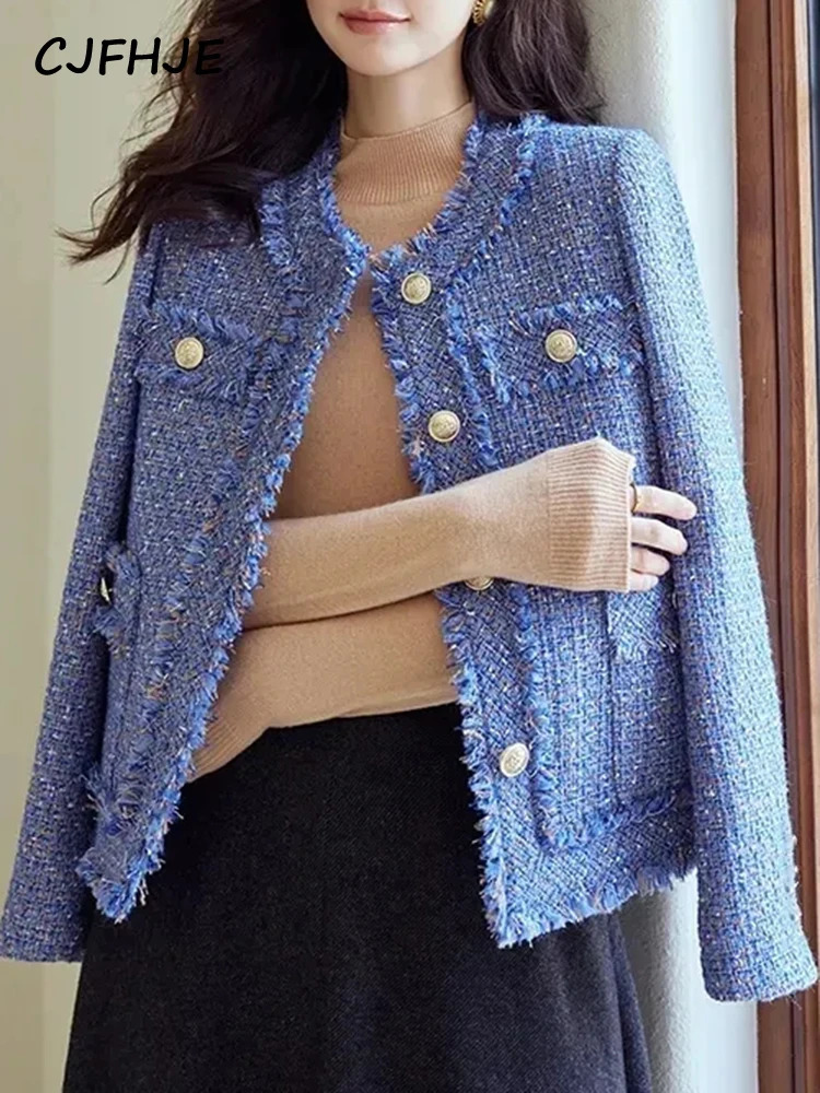 CJFHJE long sleeved blue tassel womens coat autumn and winter short sleeved O-neck retro coarse woolen jacket Korean elegant womens coat240807