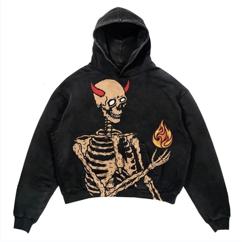 Y2K Fashion Skull imprimé Pull à capuche pour hommes et femmes Ins Street Hip-Hop Loose Facked Persono de la personnalité à capuche confortable 2