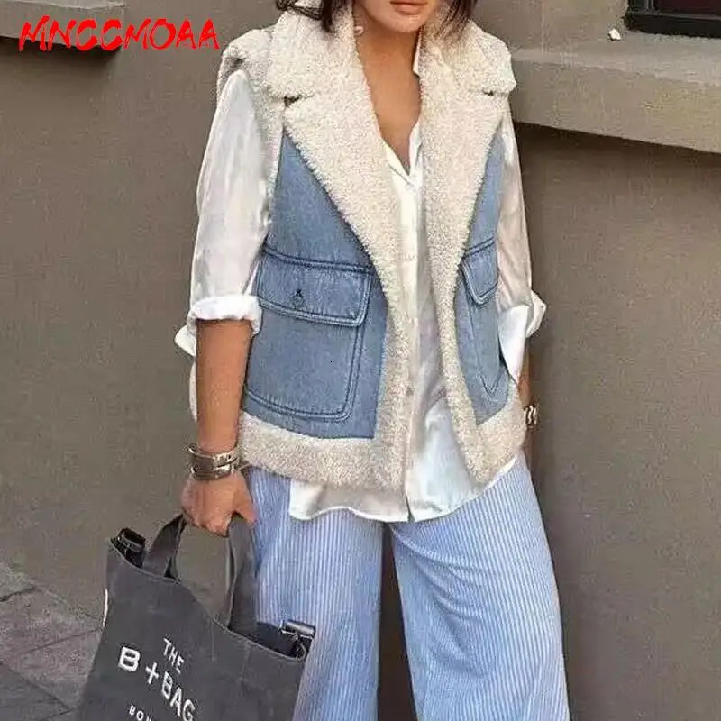 MNCCMOAA Autumn Winter High Quality Woman Fashion Denim Thick Fleece Vest Coat Female Casual Sleeveless Warm Waistcoat Tops 240808