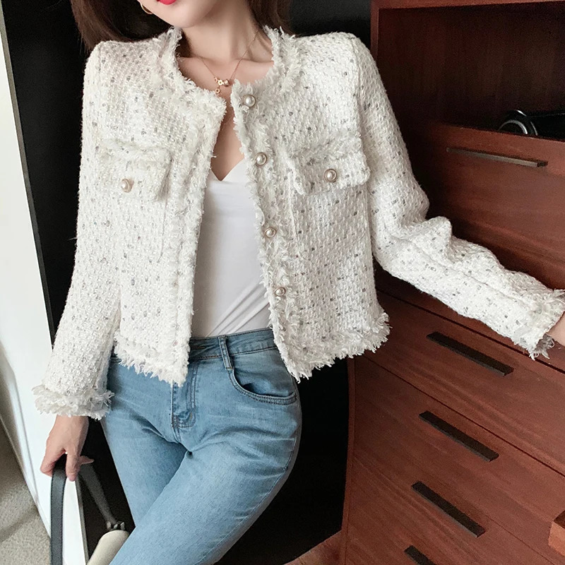 short coarse woolen jacket for women O-neck single breasted tassel ultra-thin plain weave coarse woolen jacket for women fashionable240807