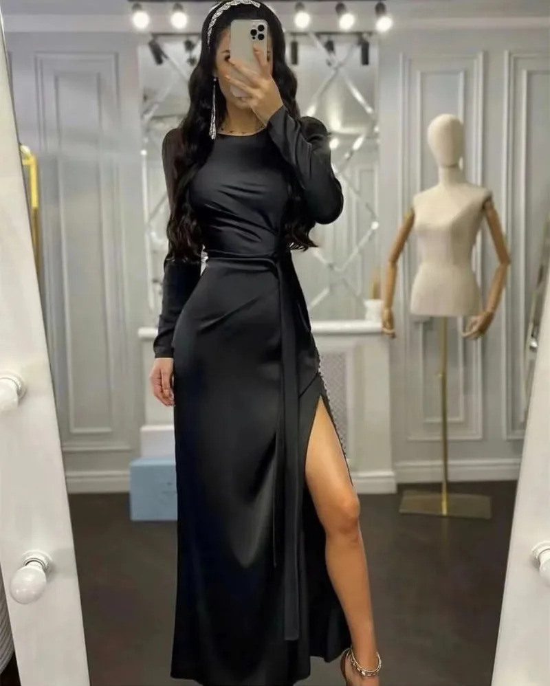 Sexy and Elegant High Waist Slit Dresses Urban Women Long Sleeve Bandage Folds Party Banquet Dresses Formal Clothing Chic Wear 240808