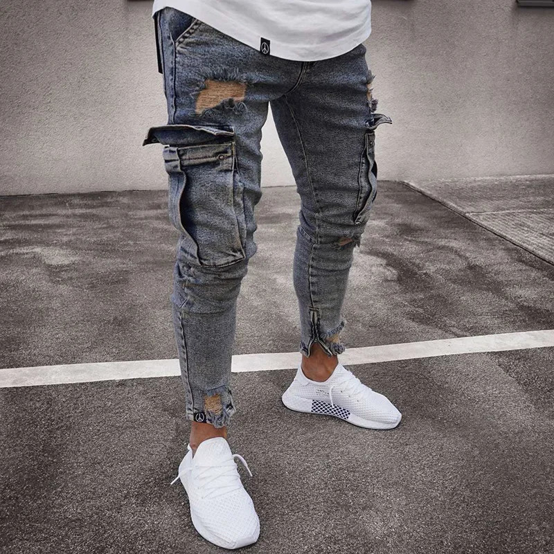 Mens elastic tight torn jeans with side pockets washed ultrathin denim pants bicycle fashionable sports hiphop Trousers jogging 240807