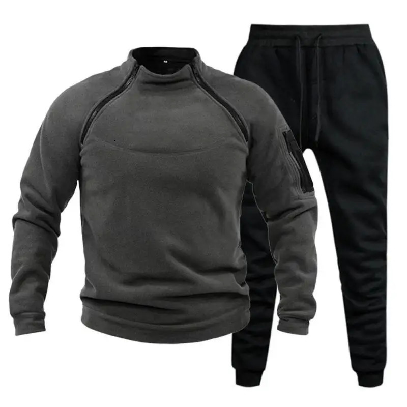 Mens sportswear winter mens standing collar wool latte solid color tactical outdoor jacket and pants hiking sweatshirt 240808