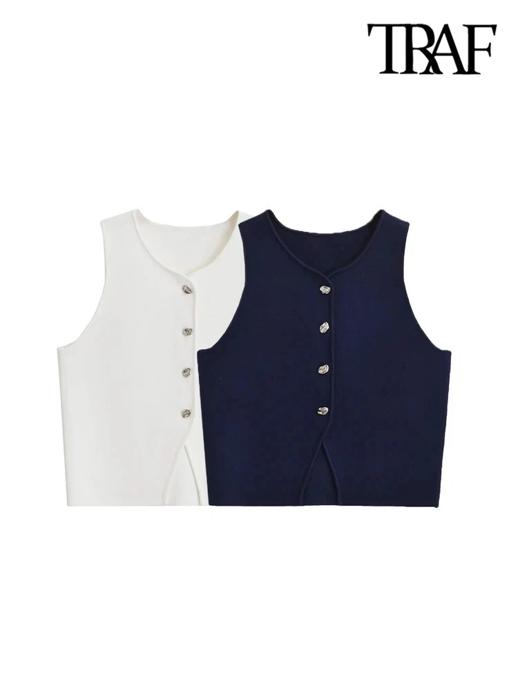 TRAF-Womens Front Button Cropped Knit Vest Sweater V Neck Sleeveless Female Waistcoat Chic Tops Fashion 240808