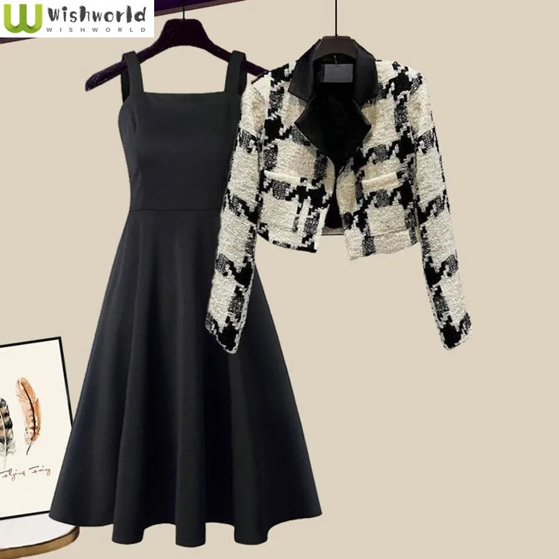 Ensemble pour femmes à la mode printemps et automne édition coréenne haut de gamme à manteau haut de couteau Réduction de la robe en deux pièces