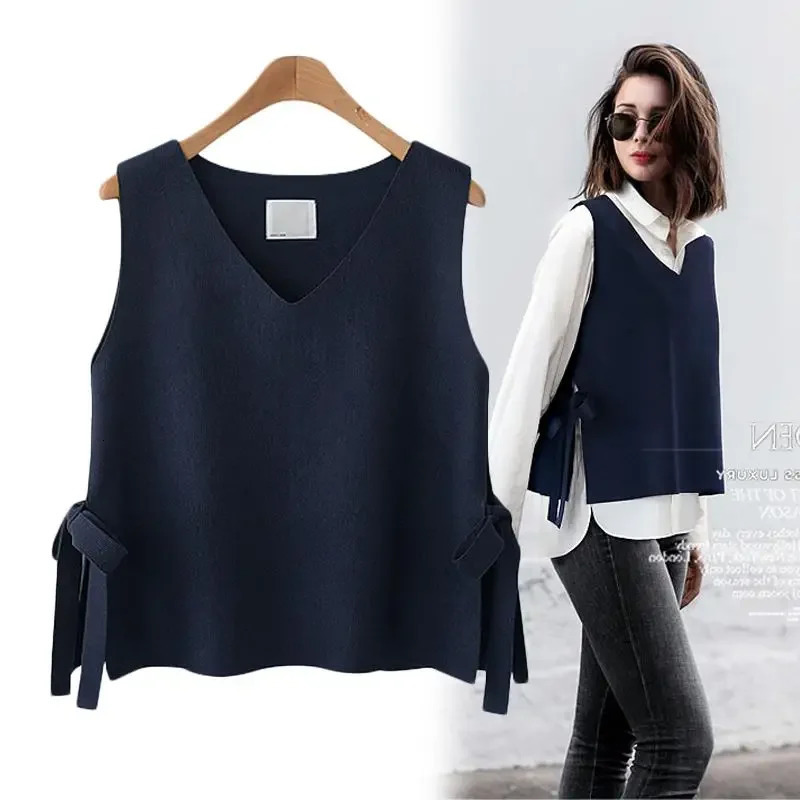 Crop knit Top women vest sweater short Korean wool Vest Pullover belt wear Cashmere knitwears Waistcoat Woman clothing y2k 240808