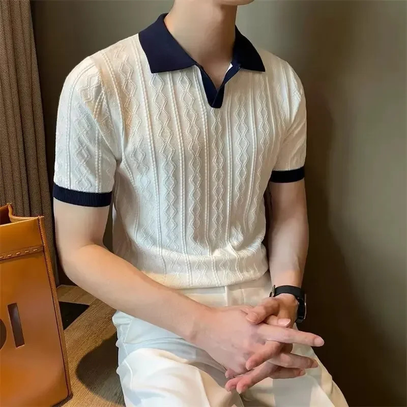 Fashionable and casual mens short sleeved T-shirt thin business collar polo shirt loose summer casual top mens clothing240807