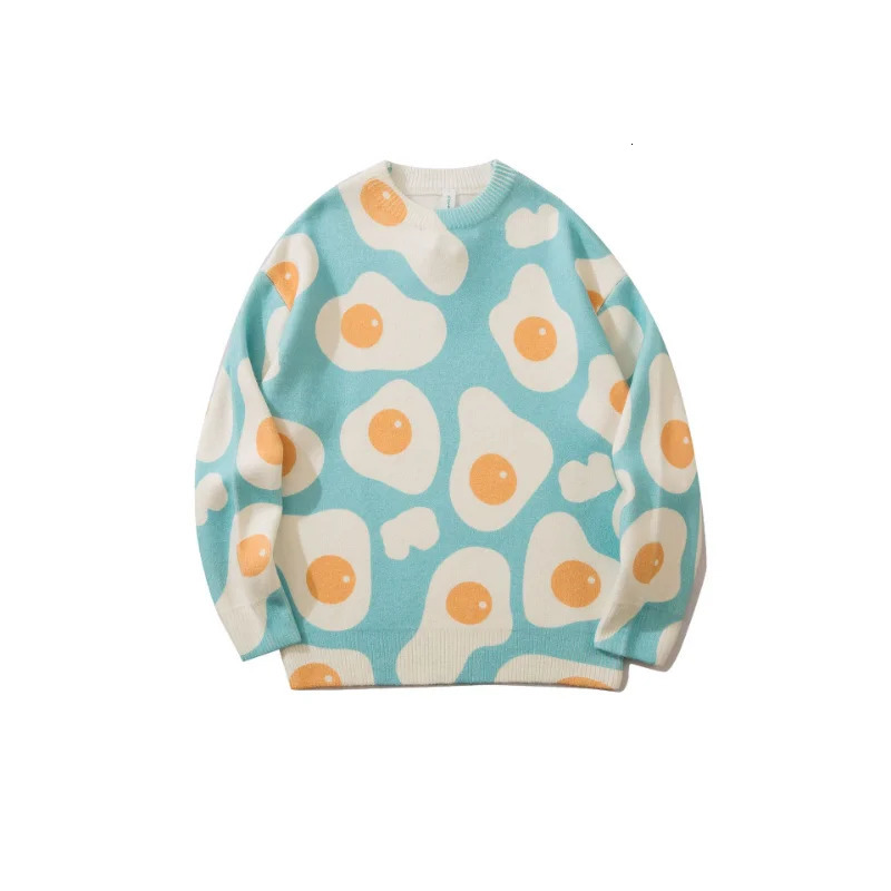 Korean fashion egg graffiti jacquard mens skydiving knitted sweater casual womens Kpop Pullover Harajuku clothing suede leather 240807