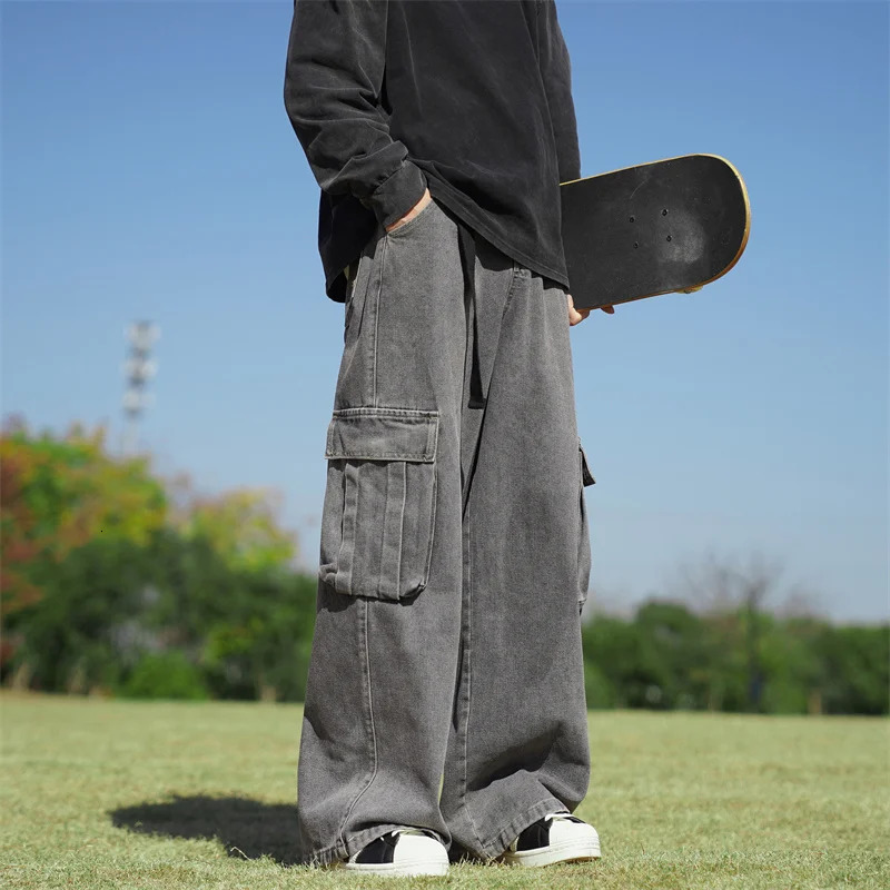Solid Hip Hop Harajuku Jeans Retro Pantalon Large Homme Pocket Wide Leg Pocket Jeans Mens Street Clothing Straight Cowboy Cargo Pants240807