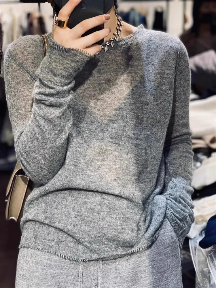 spring autumn round neck fringe cashmere sweater womens loose Korean sweater fashion woolen base shirt 240808