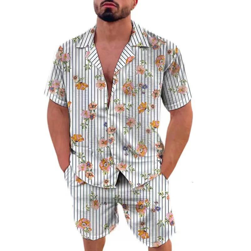 Ensemble à imprimé à rayures pour hommes d'été Hawaiian à manches courtes à manches courtes à manches courtes à manches à manches de vacances Hol