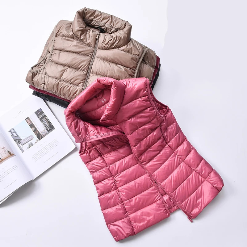Women 90% White Duck Down Vest Womens Ultra Light Duck Down Vest Jacket Autumn Winter High Collar Sleeveless Coat 240808