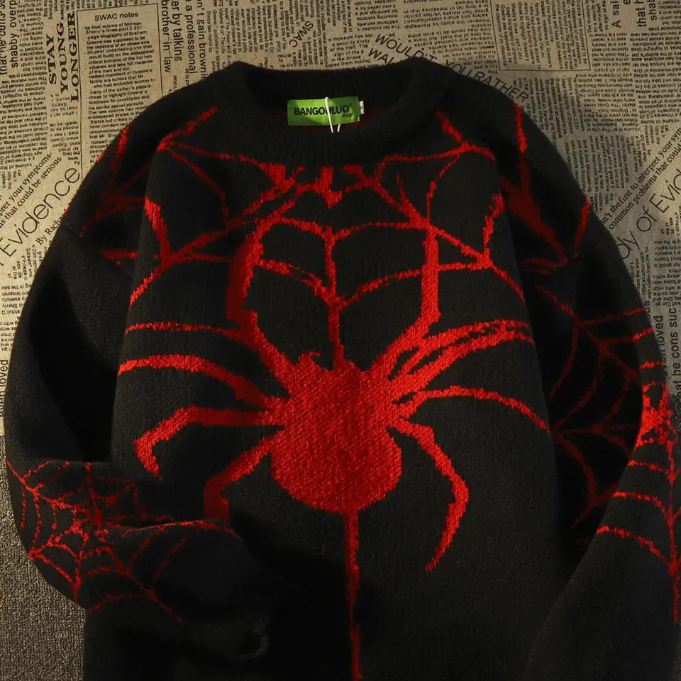 American retro trend male and female personality spider round neck sweater autumn and winter couple hip-hop long sleeved top y2k 240808