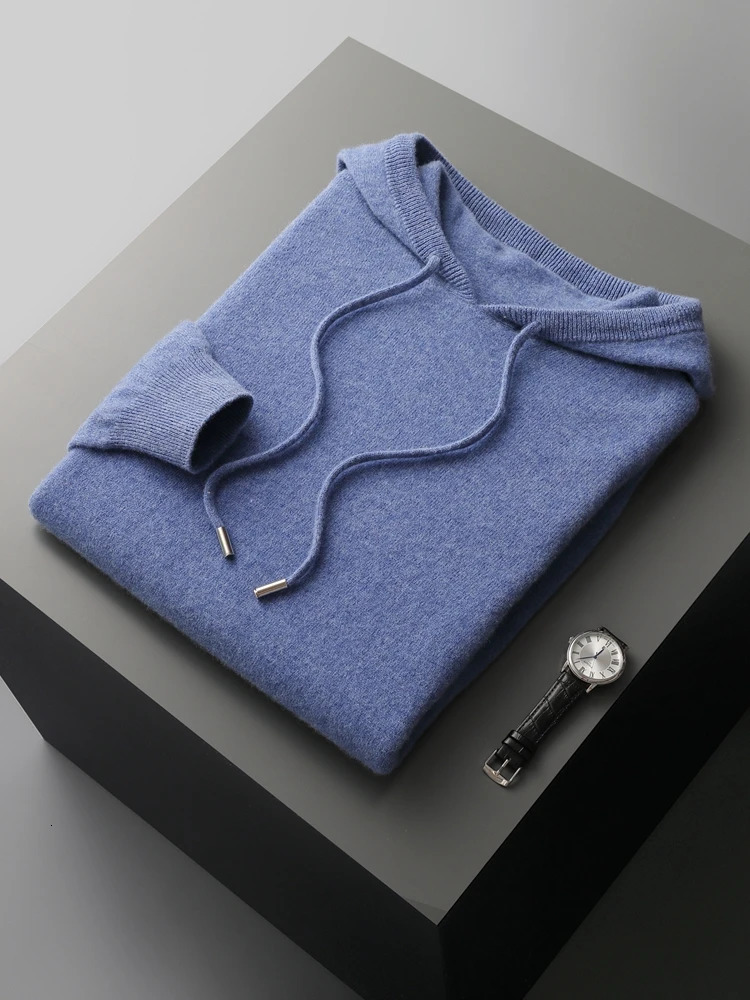 High quality mens hooded sweatshirt Spring and Autumn Pullover sweater Smart casual 100 Merino wool knitted comfortable Korean clothing 240807