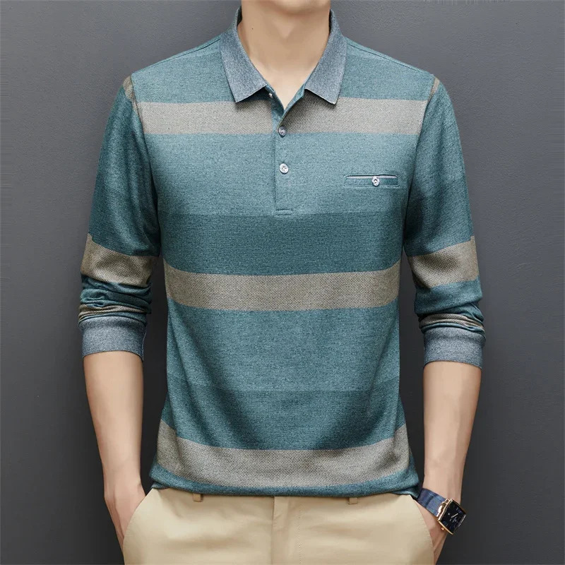Mens casual striped plain long sleeved polo shirt fashionable solid polo top240807