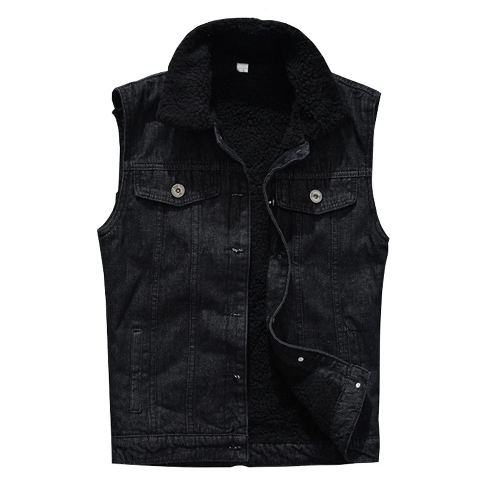 Mens winter wool warm denim vest black jacket sleeveless slim fit 240807