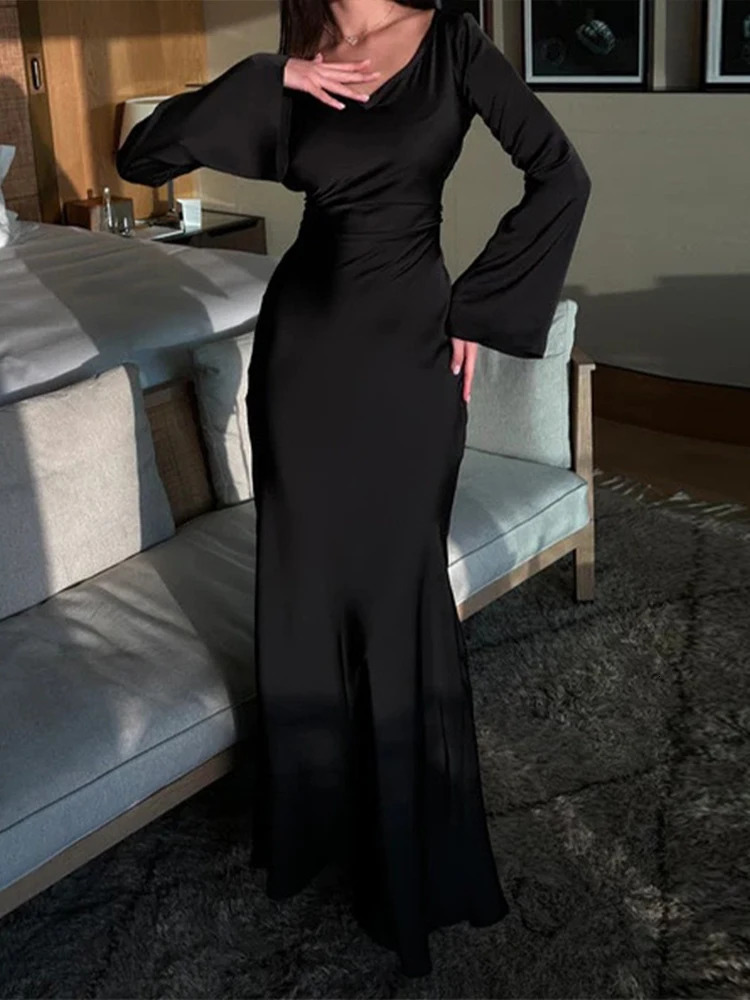 Robes élégantes pour femmes à manches longues Streetwear French Style Vintage Robe Slim Sexy Sexy Club Solide Summer Summer Robe 240808