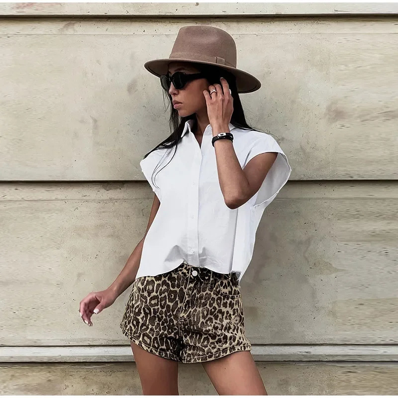 Harajuku Vintage sweet High Waist 00S Denim Shorts Womens Fashion Casual Sexy Loose Fit Y2K Street Leopard Print Jean Short 240808