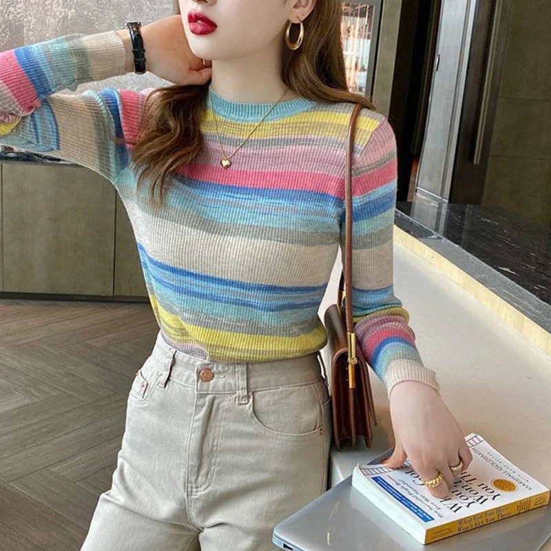 Femmes automne pull tricoté côtelé arc-en-ciel coloré rayé pull-over livraison directe 240808
