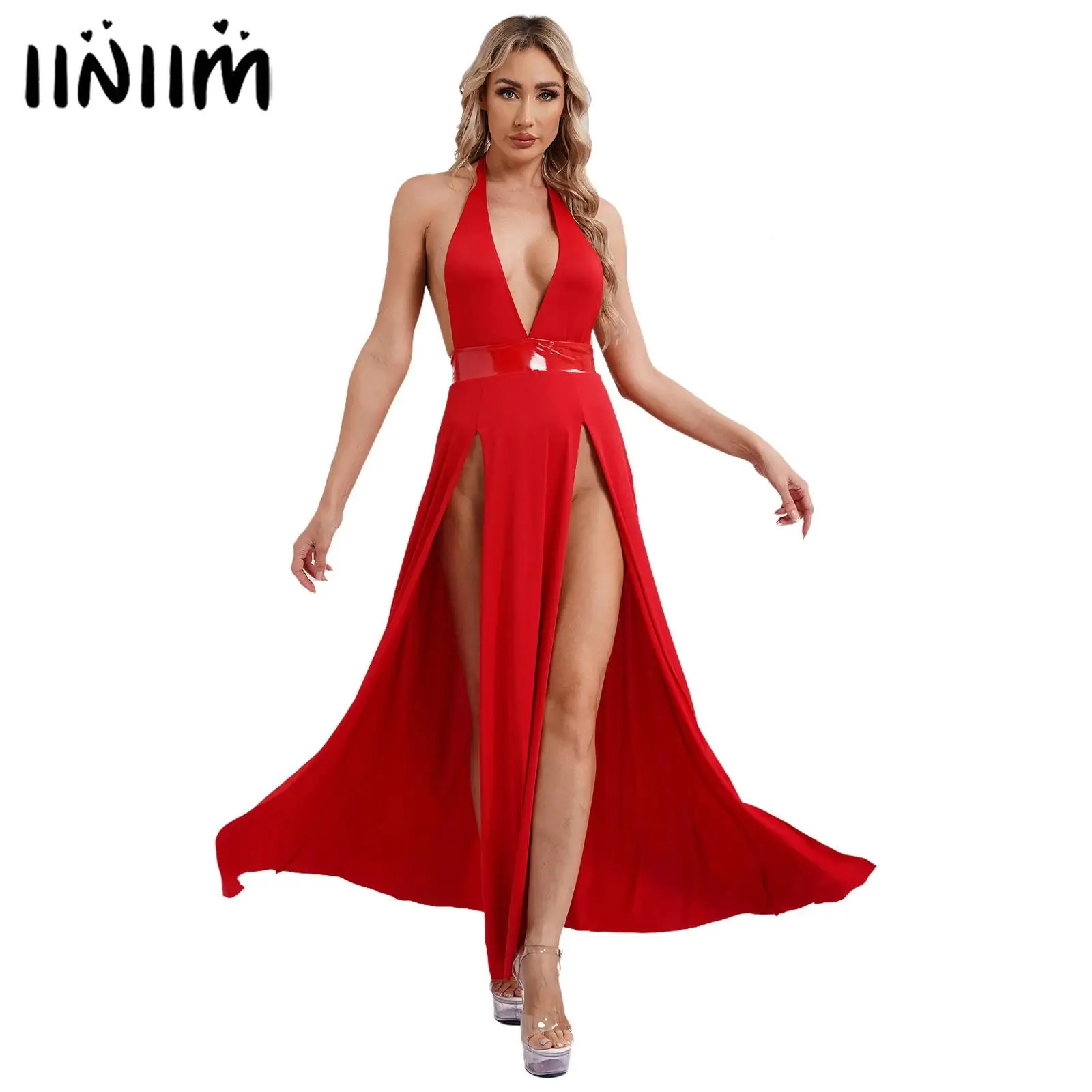 Womens Sexy Nightclub Vestidos Dress Deep V Neck Halter Backless Sleeveless Front High Split High Waist Dress Coquette Clubwear 240808