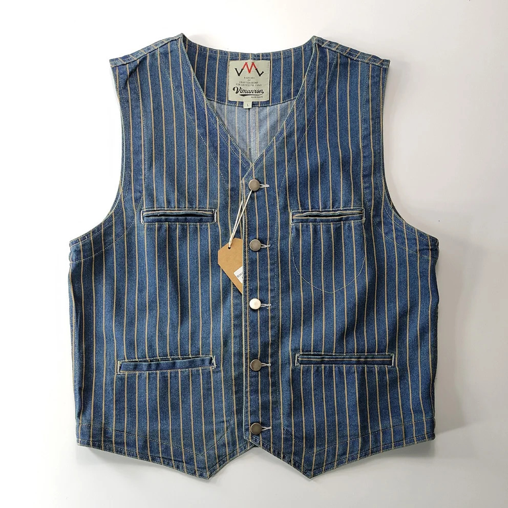 American Casual Retro Denim Blue Vest 100 Coton pur Stripes verticales Boucle troublante Back Gentleman Camisol 240807