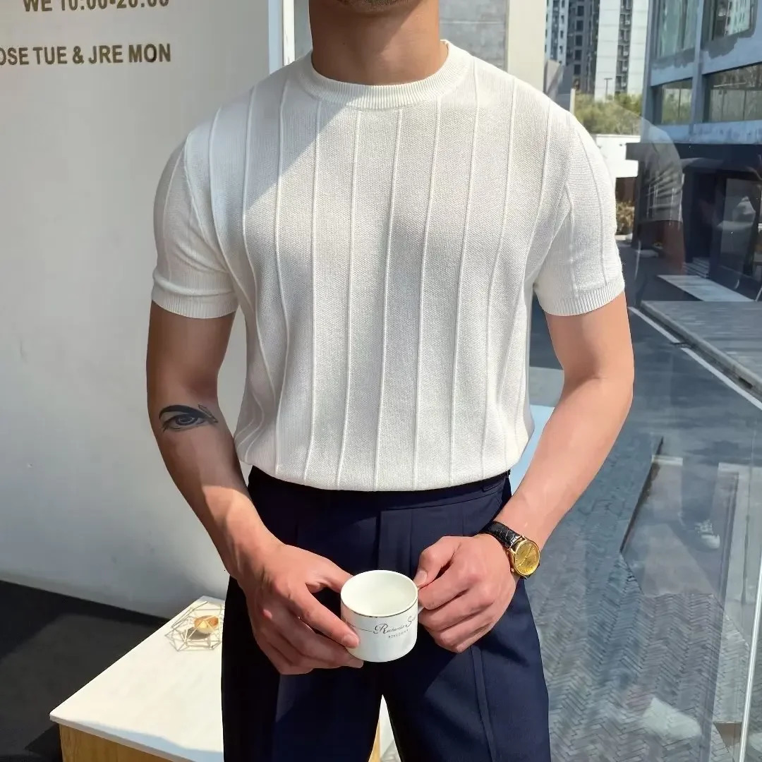 Mens Casual Knitted Sweater Round Neck Straight Leg Short Sleeve Pulling Fashion Summer Knitted240807