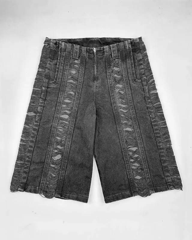 Retro Gothic style mens patch work shorts washed hole streetwear pants hiphop Y2k black casual gym denim sports 240808