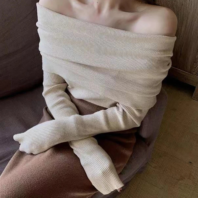 Autumn Sexy Women Long Sleeve Sweater Solid Knit Slash Neck Sweater Slim Off Shoulder Thin Pullovers Casual Office Topsv Winter 240808