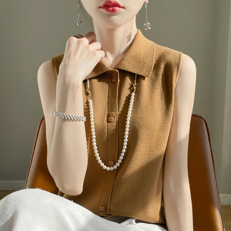 Spring and Autumn POLO Collar Top Shirt Womens Sleeveless Wool Knitted Tank Top Thin Inner Layup Top 240808