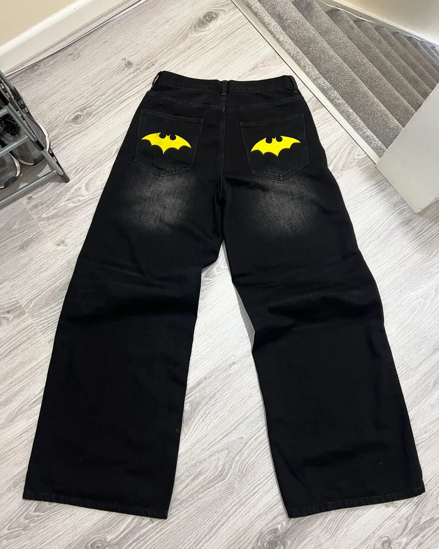 Y2K Batanimal Embroidered Shoulder Bag Jeans Retro Mens Black Washed Hip Hop Gothic Denim Pants Fashion Womens Straight Wide Legs Trousers 240808