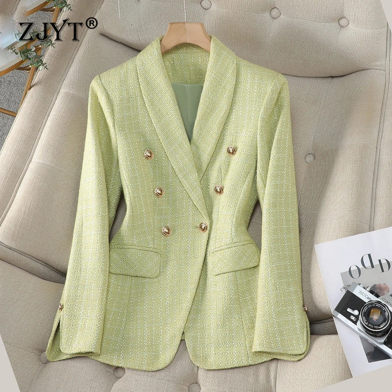 ZJYT Elegant Womens Tweed Jackets Autumn Winter Coats Korean Fashion Long Sleeve Double Breasted Blazers Mujer Outerwears 240808
