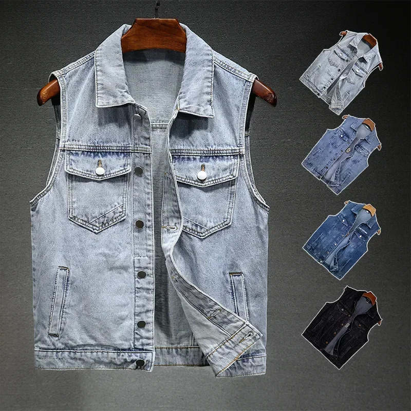 Retro casual mens denim vest ultrathin fit multi pocket sleeveless Chaqueta Hombre top fashionable hiphop jeans 240807