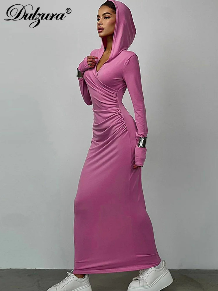 Dulzura Solid Pure Color Hooded Rucched V-Cold Long Manches Maxi Robe automne Femme Sexy Clubwear Birthday Party 240808