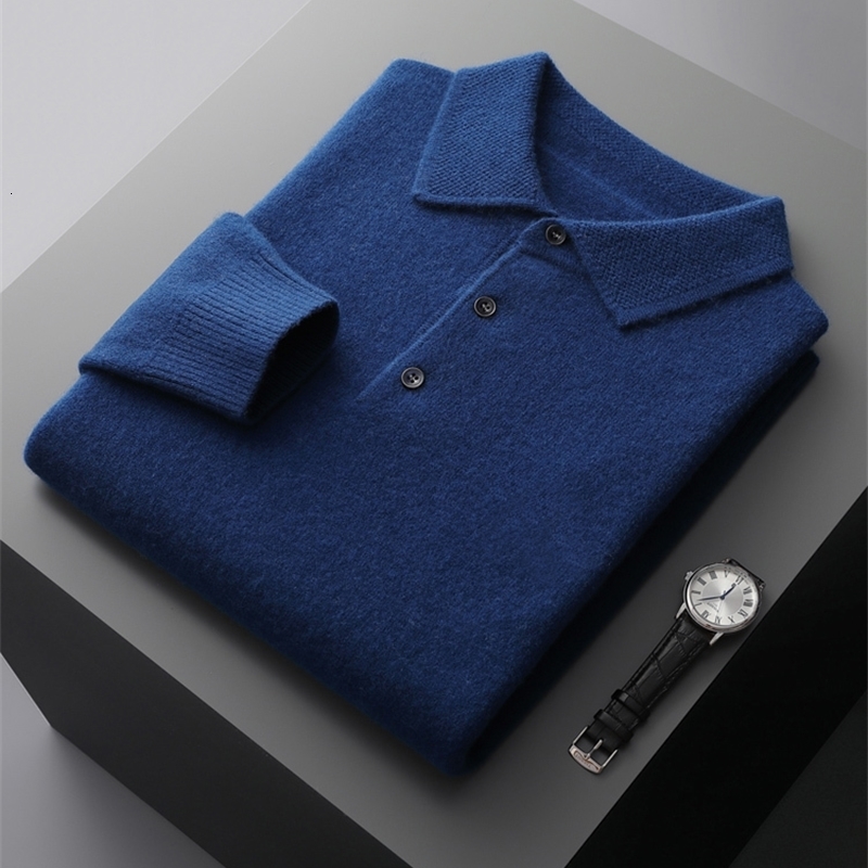 Mens Collar Knitted 100 Pure Wool Sweater Large Size Spring and Autumn Winter Warm Top Youth Casual Polo Neck Tshirt y240807