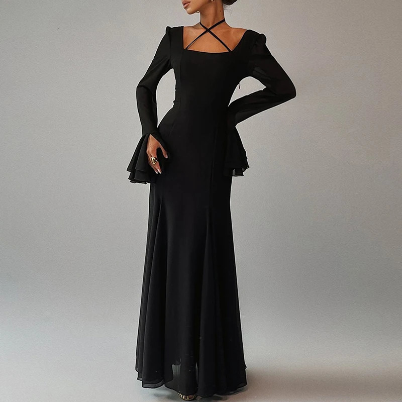 Elegant Square Collar Lace-up Evening Dress Women Spring Solid Backless Bandage Long Dress Autumn Flare Sleeve Ruffle Maxi Dress 240808