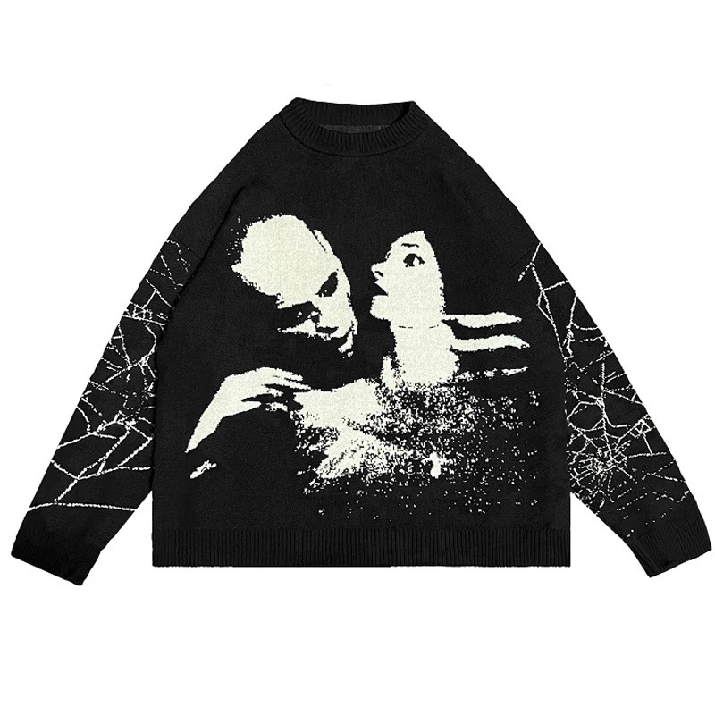 Y2K Goth Harajuku Portrait Print Pattern Long Sleeve Knit Men Pullover Winter Streetwear Casual Grunge Women Pullover Sweater 240808