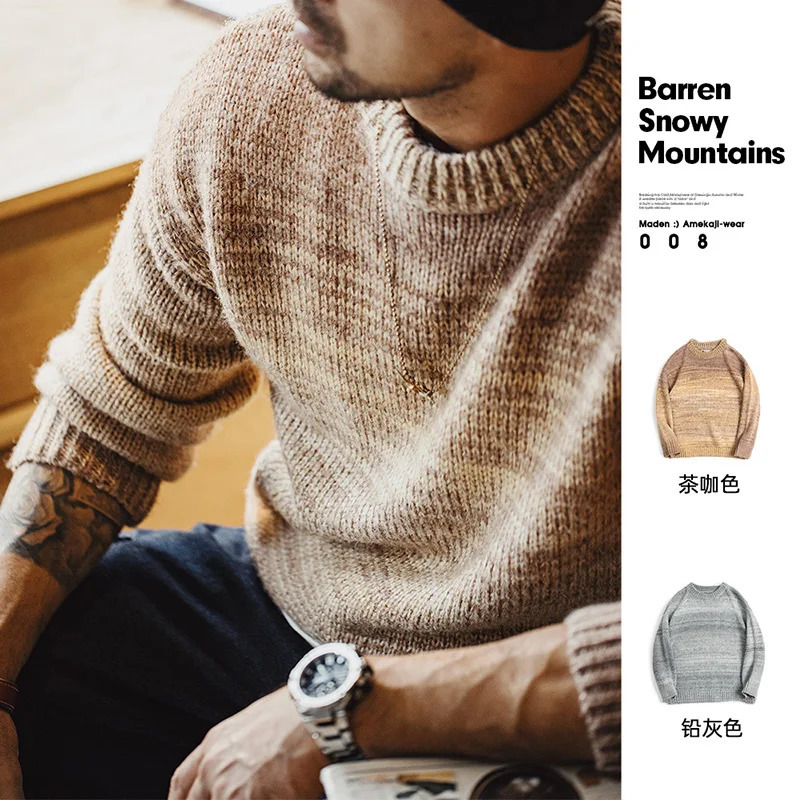 Maden Mens Autumn American Retro Gradient Stripe Sweater Drawn Round Neck Blended Knitted 240807