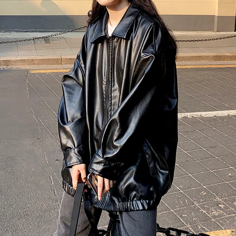Korean black leather jacket womens winter long motorcycle zipper streetwear Harajuku Y2K loose 2023 240807Z