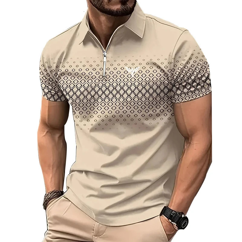 Mens personalized summer fashion sports short sleeved casual lapel zipper polo shirt mens printed polyester quick drying polo shirt240807