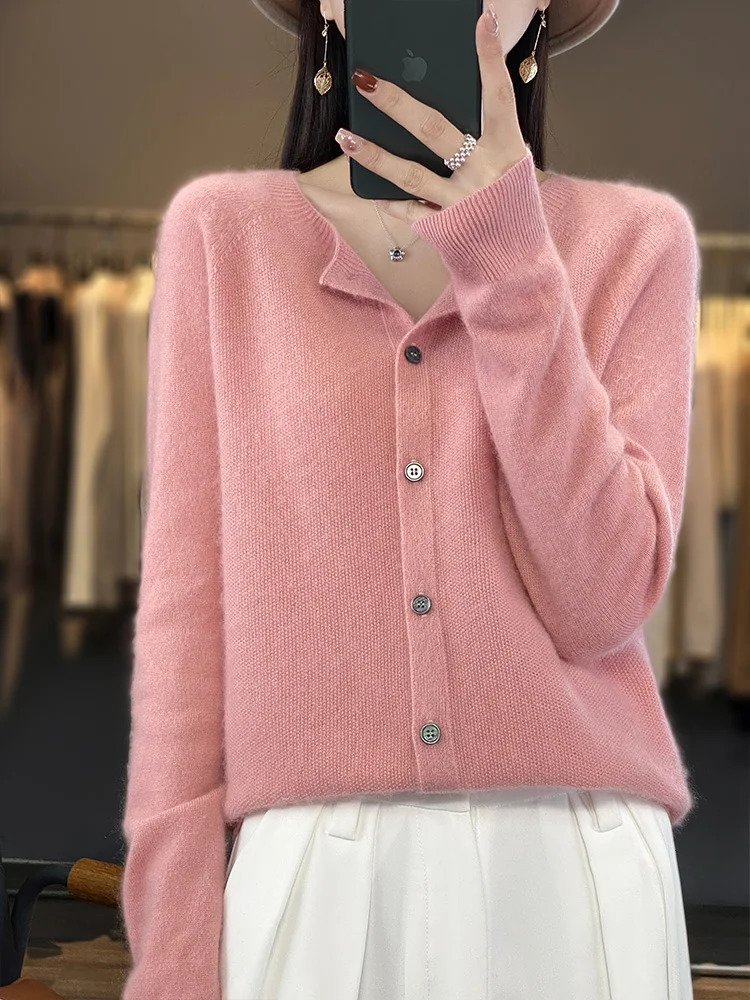 100% merino sweater womens first-line ready-to-wear cashmere cardigan solid color autumn and winter ladies top 240808
