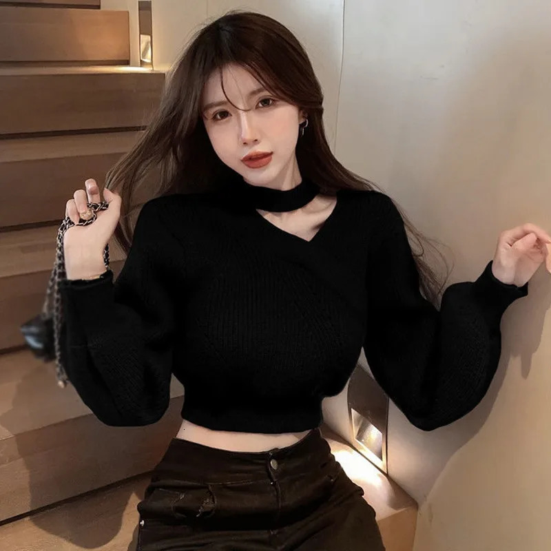 Womens Sweater Long Sleeved Knit Sweater Sexy V-Neck Off Shoulder Hanging Neck Top Comfortable And Warm Base Sweater 240808
