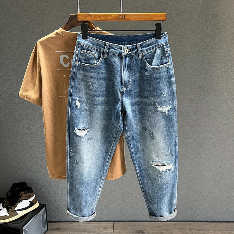Hip Hop jeans mens Frayed ultra-thin small leg streetwear blue ankle length denim Trouser mens casual fashion retro cut pants240807
