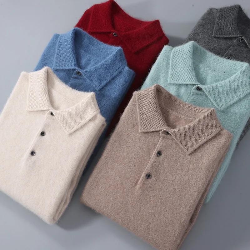 Autumn and winter mink cashmere mens shirt collar wool sweater polo loose knit bottom 240807
