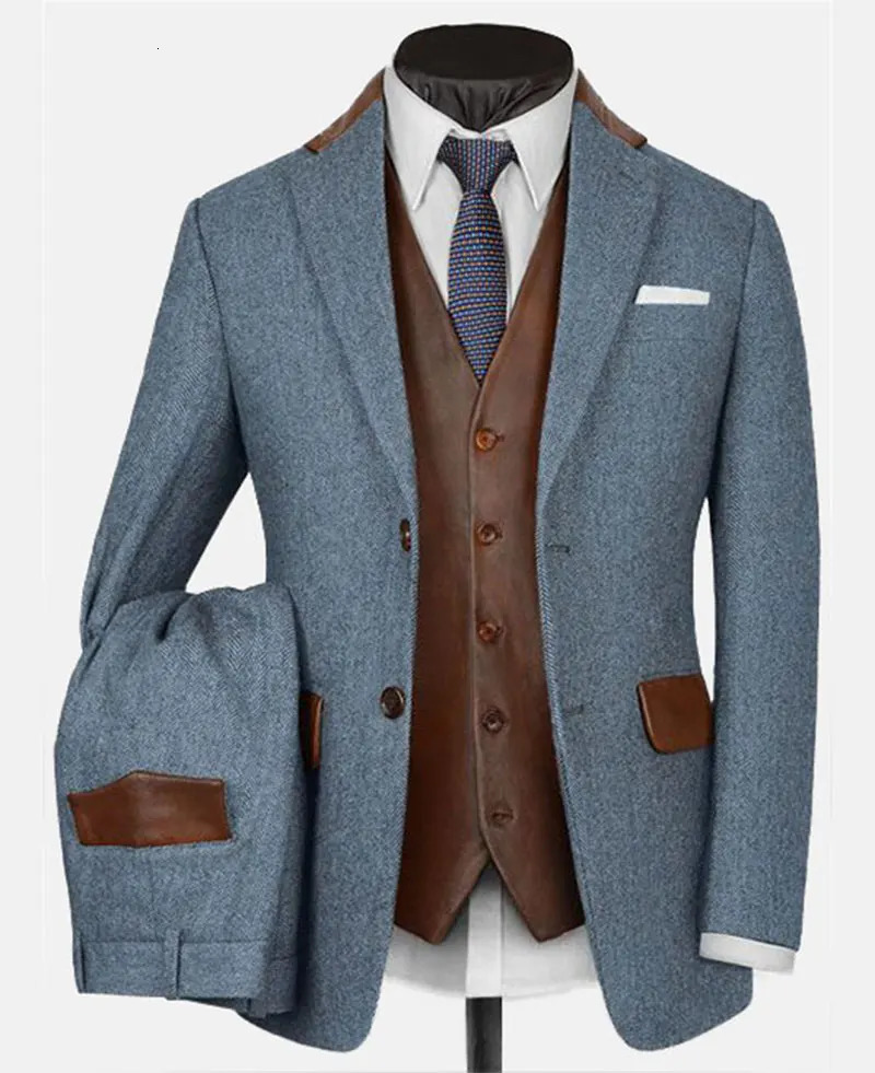 Mens set PU leather patch work notch lapel jacket vest and pants 3piece simple business elegant mens ultrathin 240807