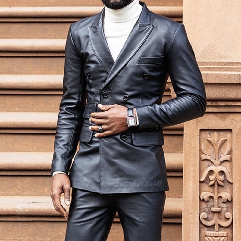 Mens jacket and pants 2piece set PU leather double chest lapel ultrathin fit business black mens clothing 240807