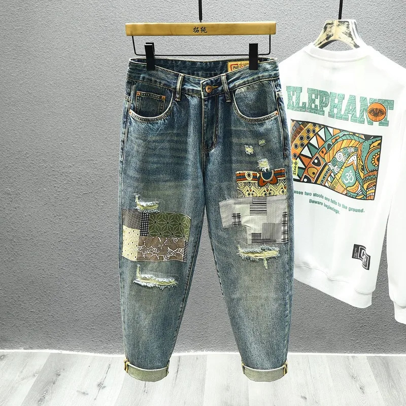 2024 Tear Distressed Jeans Mens Street Clothing Patch Work Fashion Hole Hip Hop Bag Leisure Harem Retro Cowboy Trouser Mens240807