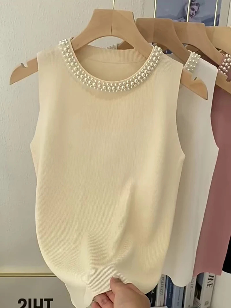 Knitted Vest Sweater Womens White Sleeveless Bottom Shirt Spring Autumn Beading O-N eck Elegant All-Matched Knit Top 240808