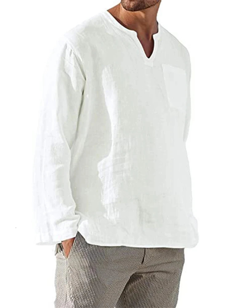 Mens pure cotton linen T-shirt long sleeved hippie casual beach retro V-neck loose floral top mens T-shirt240807