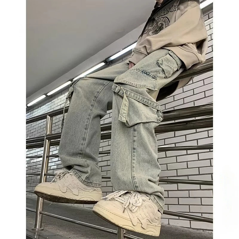 Mens Y2k Jeans Spring American Retro Bagged Jeans Wash Wide Leg Straight Jeans Street Clothing Denim Mens Trousers240807